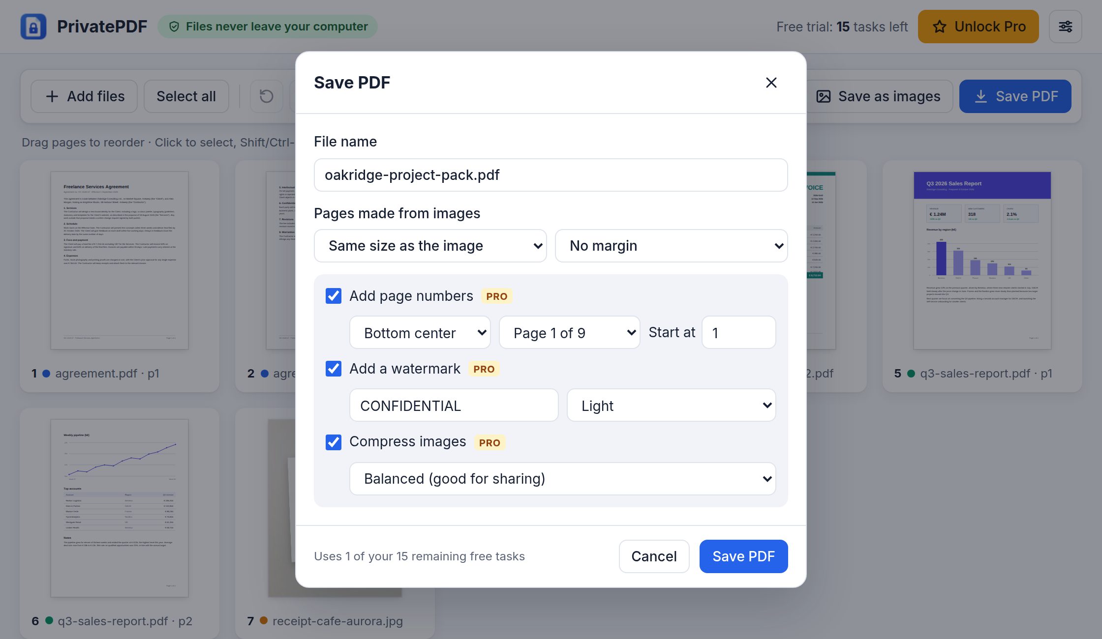 Save options with page numbers, a watermark and image compression