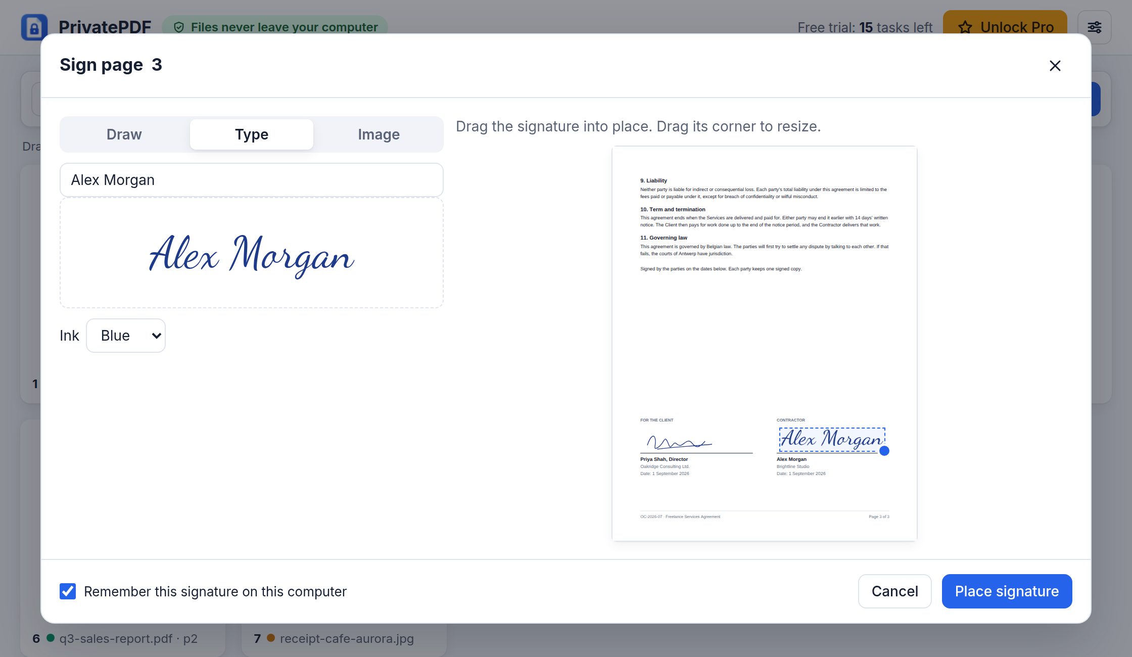 Signing the last page of a contract with a typed signature