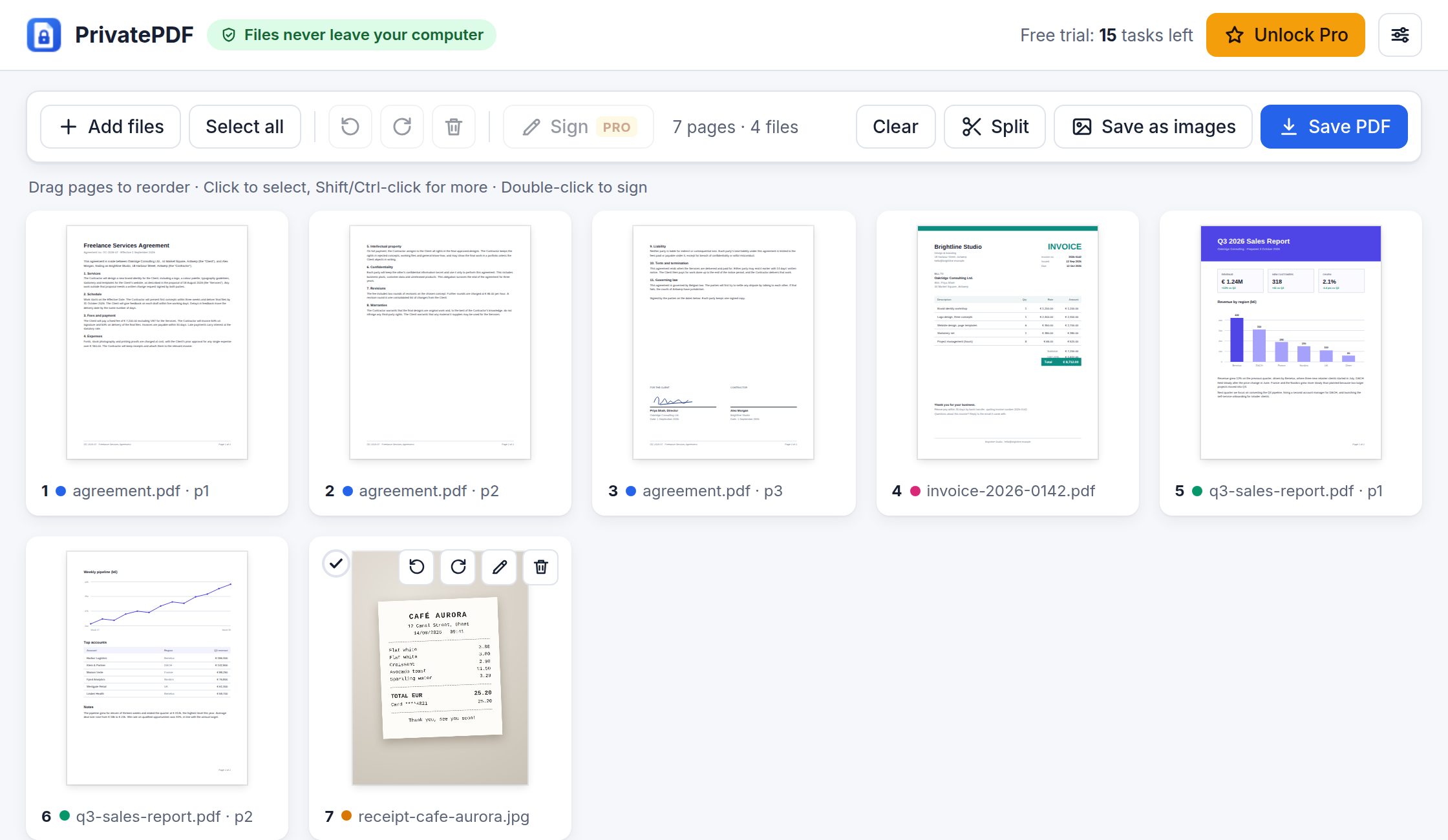 PrivatePDF with pages from a contract, an invoice, a report and a receipt, ready to merge
